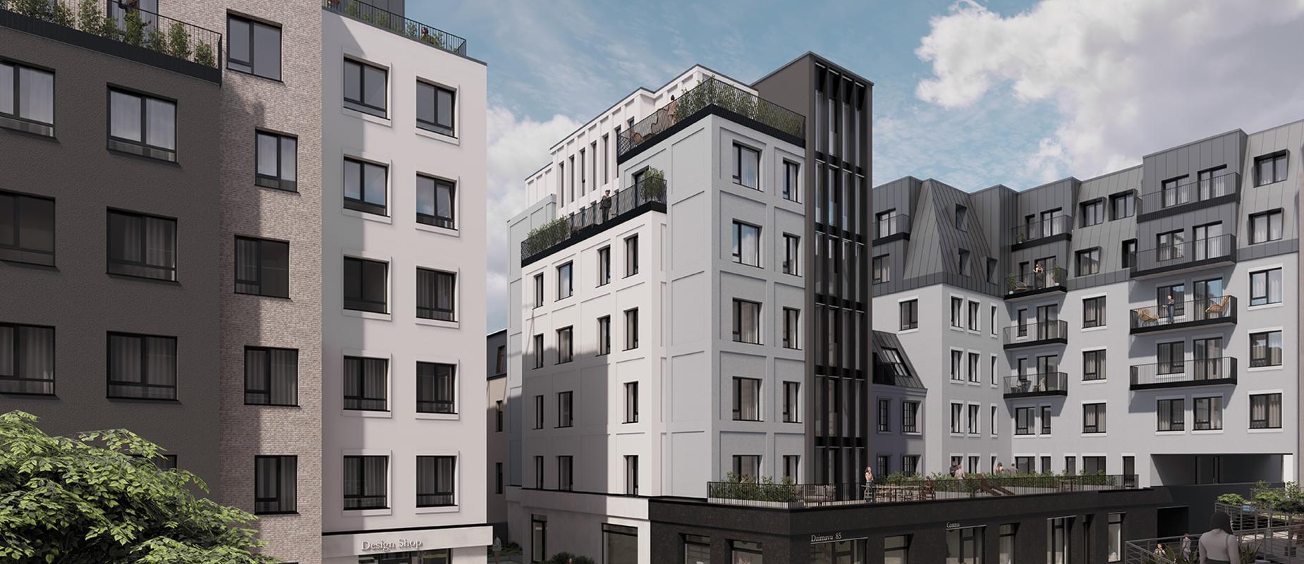 Новые здания CENTRUS, вид со стороны променада, с современной архитектурой и благоустроенной территорией в центре Риги.